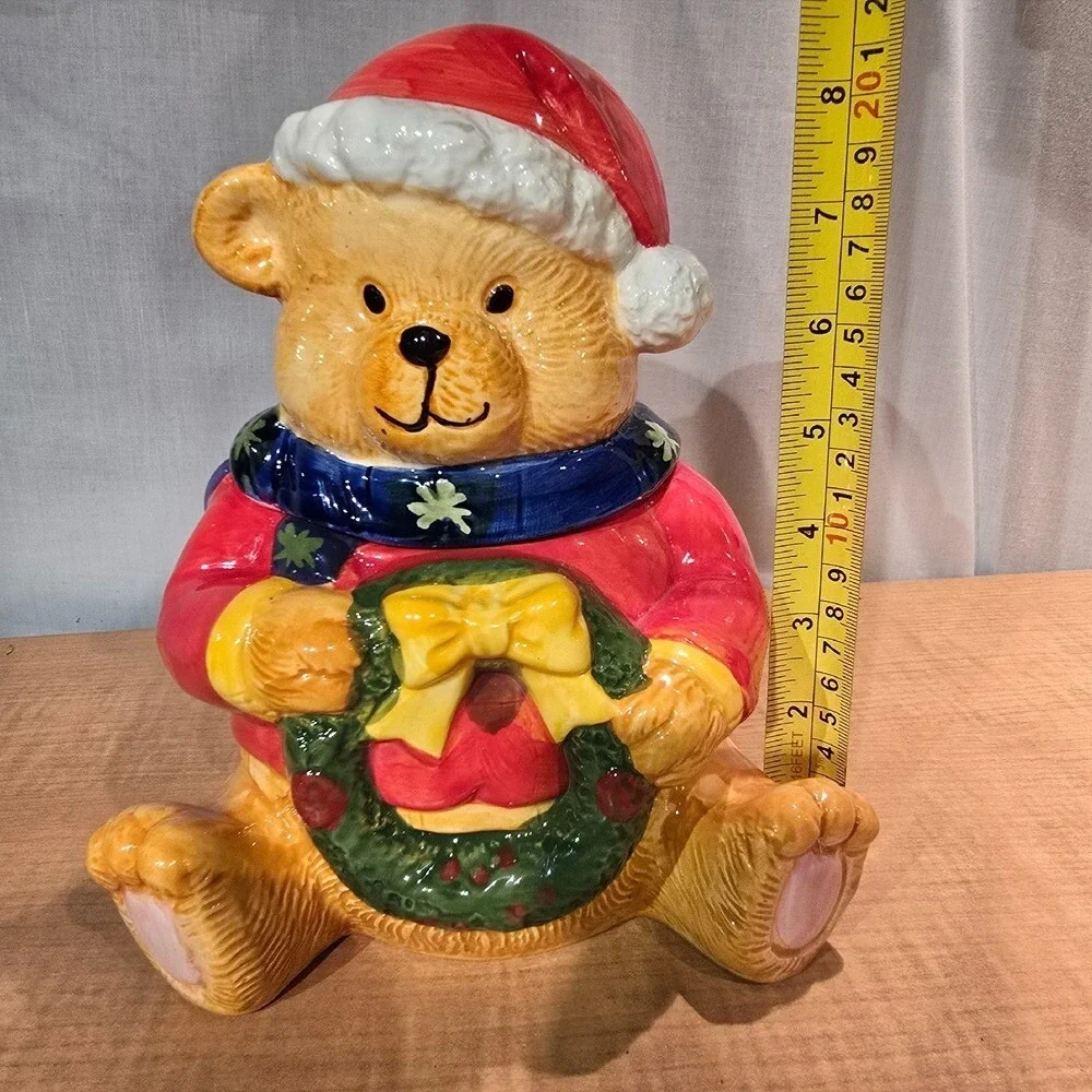 Gibson Christmas Merry Beary Bear Cookie jar with Santa Hat &‎ Wreath Ceramic